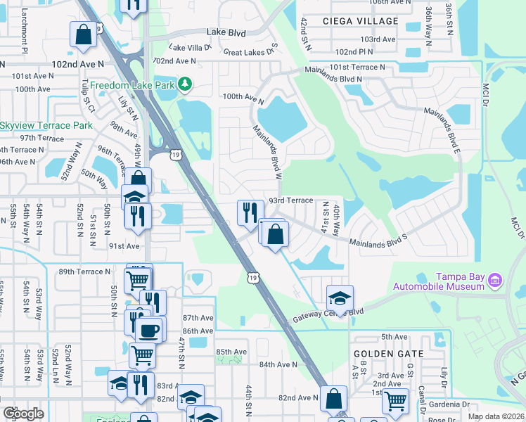 map of restaurants, bars, coffee shops, grocery stores, and more near 6350 93rd Terrace in Pinellas Park
