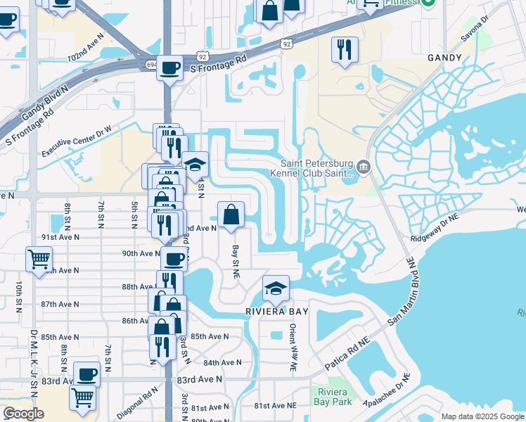map of restaurants, bars, coffee shops, grocery stores, and more near 9301 Oak Street Northeast in St. Petersburg