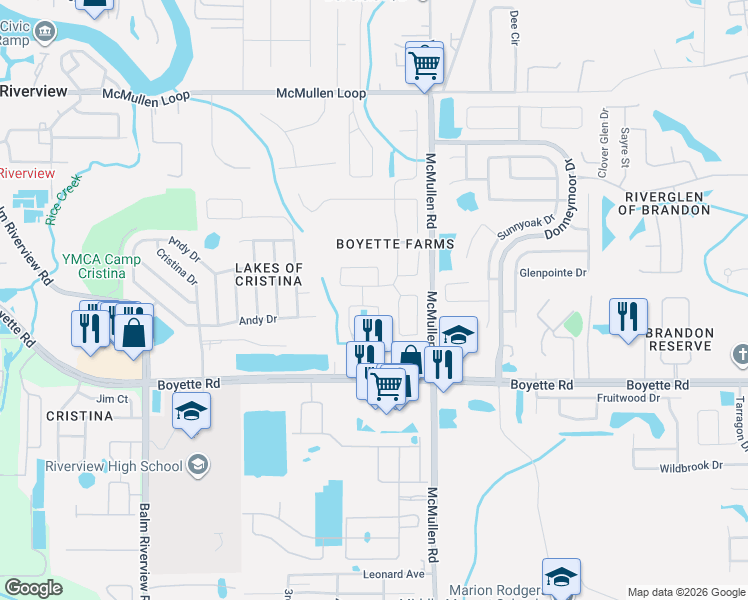 map of restaurants, bars, coffee shops, grocery stores, and more near 11706 Pure Pebble Drive in Riverview