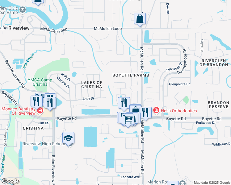 map of restaurants, bars, coffee shops, grocery stores, and more near 11618 Pure Pebble Drive in Riverview