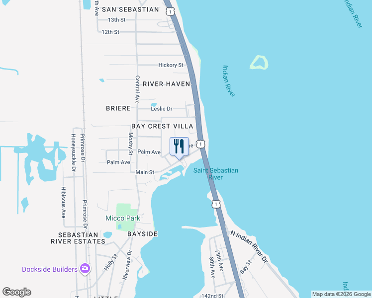 map of restaurants, bars, coffee shops, grocery stores, and more near 4100 Main Street in Sebastian