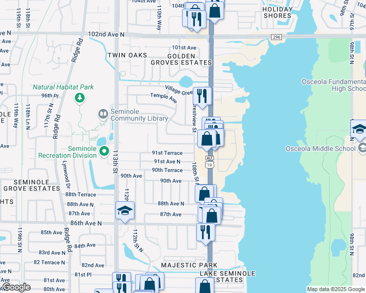 map of restaurants, bars, coffee shops, grocery stores, and more near 10884 Freedom Boulevard in Seminole