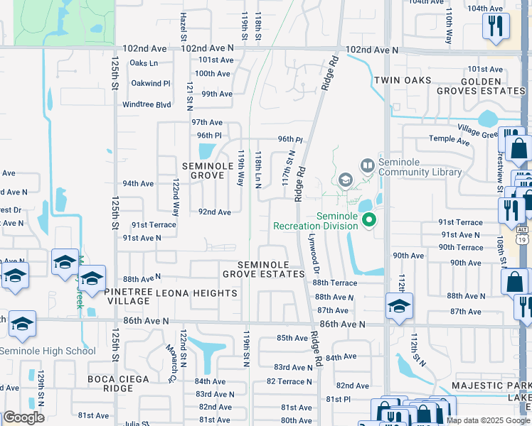 map of restaurants, bars, coffee shops, grocery stores, and more near 11884 91st Terrace in Seminole
