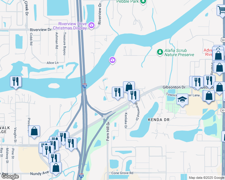 map of restaurants, bars, coffee shops, grocery stores, and more near 9711 Alafia Preserve Avenue in Riverview