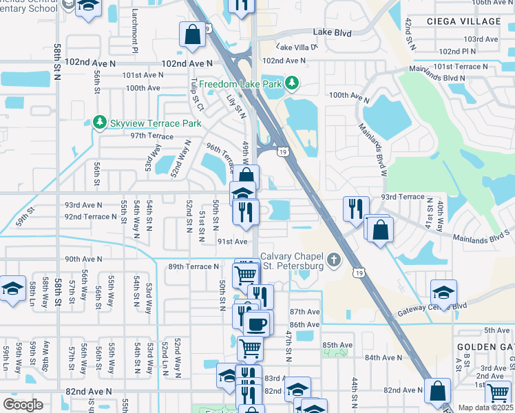 map of restaurants, bars, coffee shops, grocery stores, and more near 241 Circle Drive in Pinellas Park