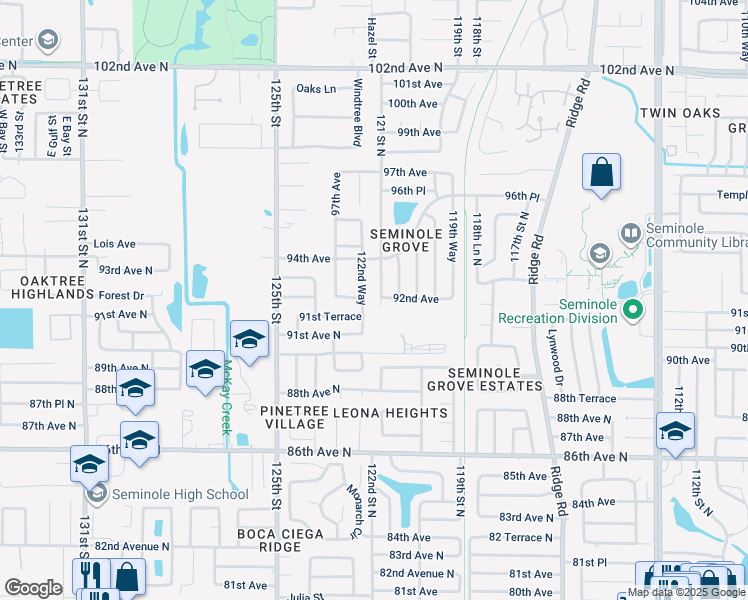 map of restaurants, bars, coffee shops, grocery stores, and more near 9214 121 Street North in Seminole