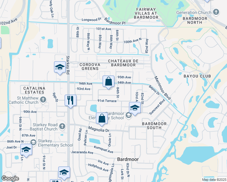 map of restaurants, bars, coffee shops, grocery stores, and more near 8473 92nd Terrace in Seminole
