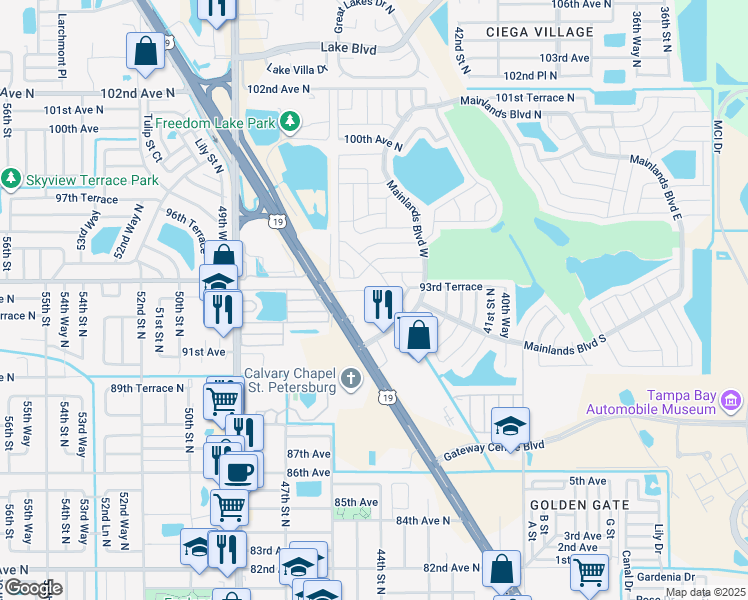 map of restaurants, bars, coffee shops, grocery stores, and more near 9359 US Highway 19 North in Pinellas Park