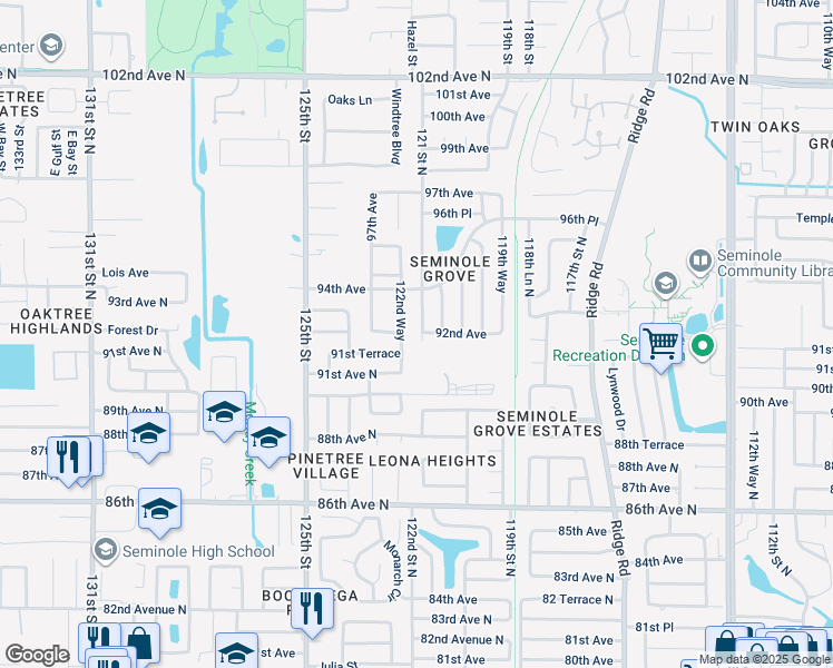 map of restaurants, bars, coffee shops, grocery stores, and more near 9214 121 Street North in Seminole