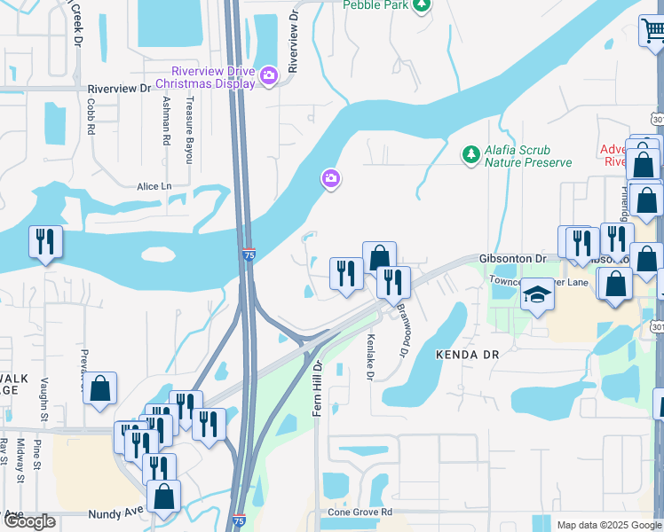 map of restaurants, bars, coffee shops, grocery stores, and more near 9711 Alafia Preserve Avenue in Riverview