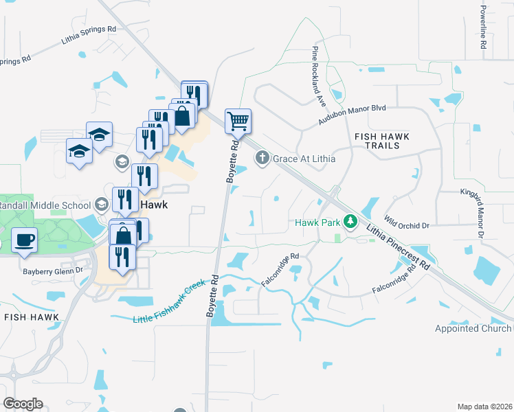 map of restaurants, bars, coffee shops, grocery stores, and more near 5709 Hawklake Road in Lithia