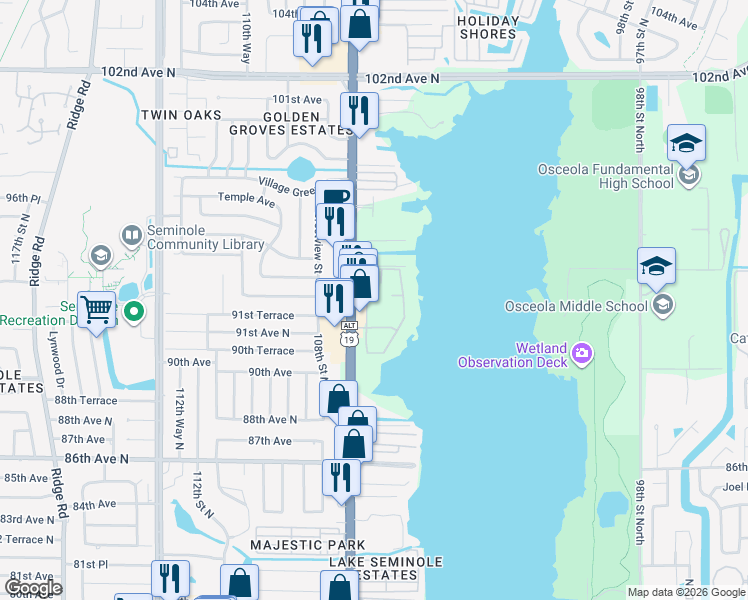 map of restaurants, bars, coffee shops, grocery stores, and more near 9277 Seminole Boulevard in Seminole