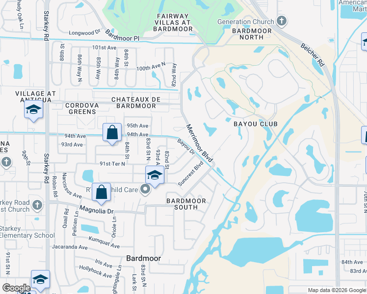 map of restaurants, bars, coffee shops, grocery stores, and more near 8043 91st Terrace in Seminole