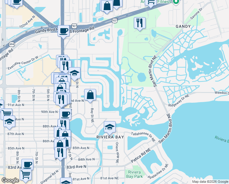 map of restaurants, bars, coffee shops, grocery stores, and more near 9265 Treasure Lane Northeast in St. Petersburg