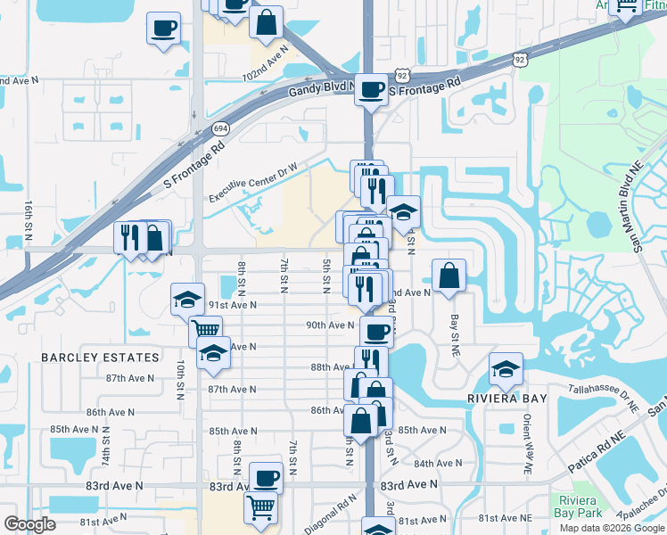 map of restaurants, bars, coffee shops, grocery stores, and more near 9230 5th Street North in St. Petersburg