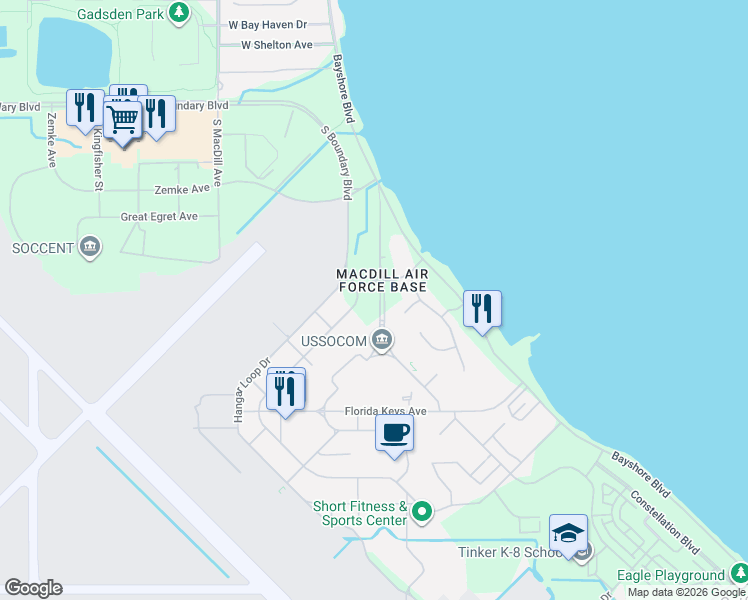 map of restaurants, bars, coffee shops, grocery stores, and more near 2507 Socom Memorial Way in Tampa