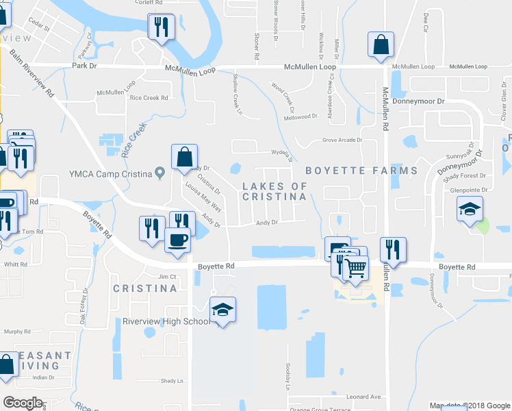 map of restaurants, bars, coffee shops, grocery stores, and more near 9810 La Rita Place in Riverview
