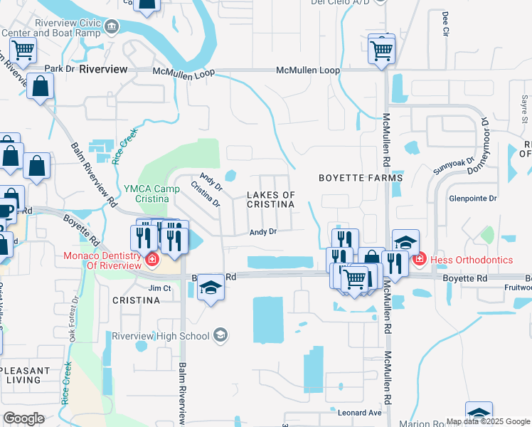 map of restaurants, bars, coffee shops, grocery stores, and more near 9824 La Vonda Street in Riverview