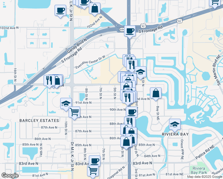 map of restaurants, bars, coffee shops, grocery stores, and more near 9230 5th Street North in St. Petersburg