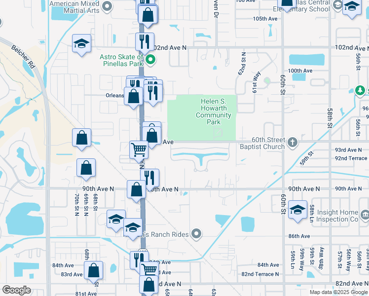 map of restaurants, bars, coffee shops, grocery stores, and more near 6412 93rd Terrace in Pinellas Park