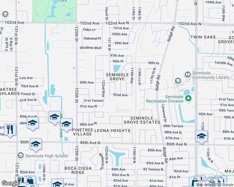 map of restaurants, bars, coffee shops, grocery stores, and more near 12090 92nd Avenue in Seminole