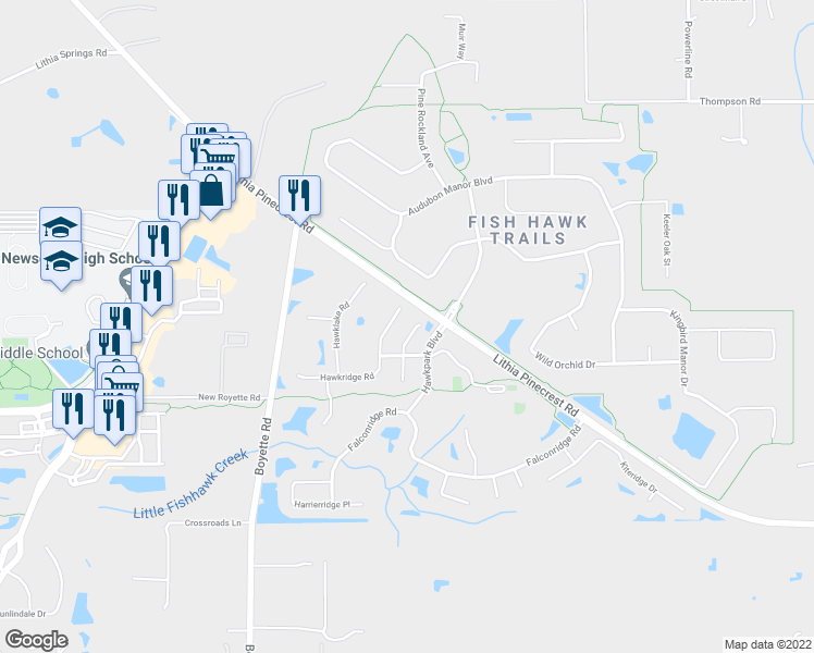 map of restaurants, bars, coffee shops, grocery stores, and more near 5609 Hawkgrove Place in Lithia
