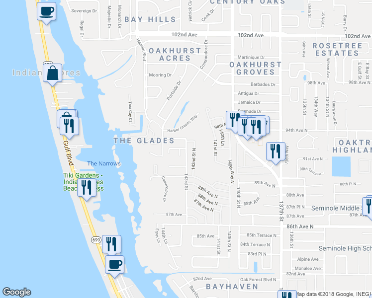 map of restaurants, bars, coffee shops, grocery stores, and more near 12483 92nd Terrace in Seminole