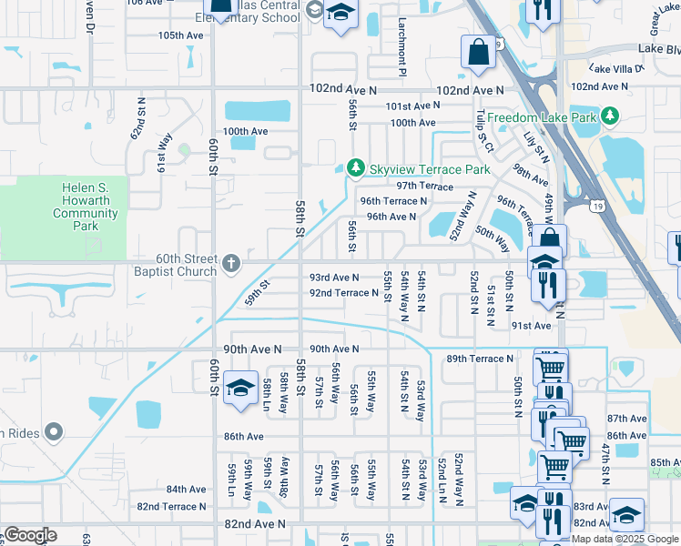 map of restaurants, bars, coffee shops, grocery stores, and more near 5570 93rd Avenue North in Pinellas Park