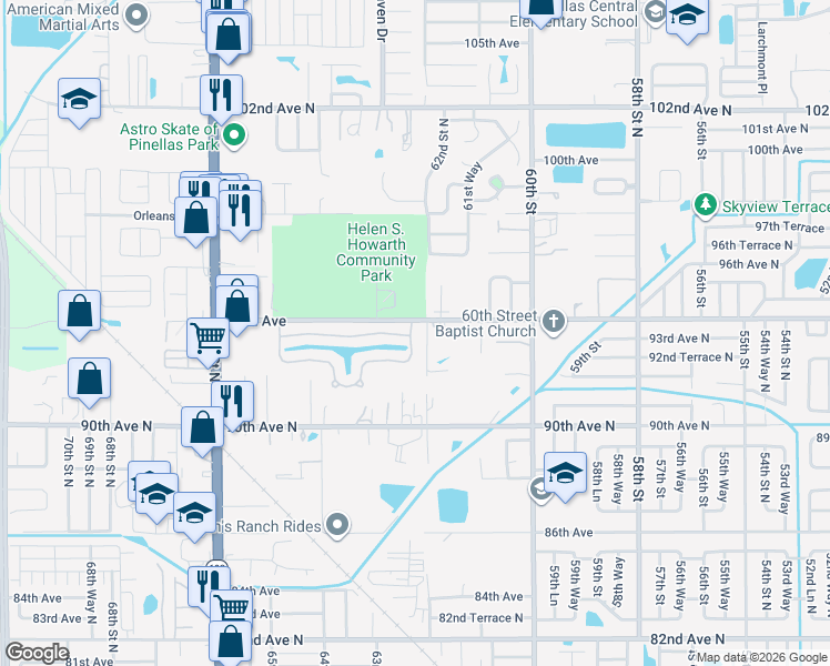 map of restaurants, bars, coffee shops, grocery stores, and more near 6206 92nd Place North in Pinellas Park
