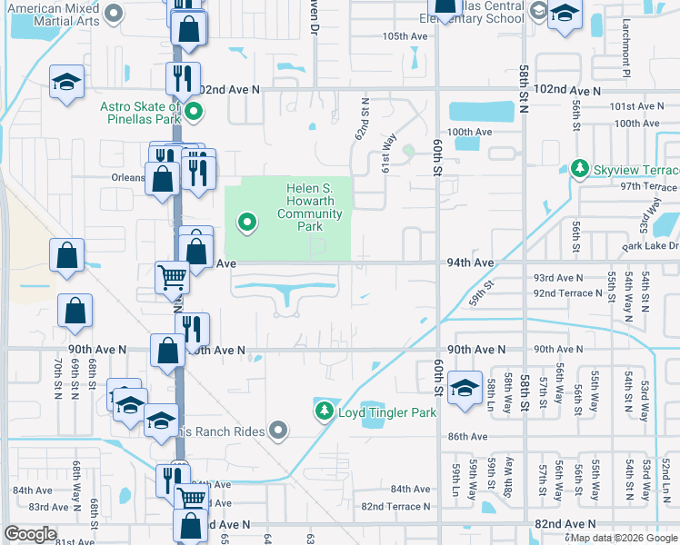 map of restaurants, bars, coffee shops, grocery stores, and more near 3406 92nd Place North in Pinellas Park