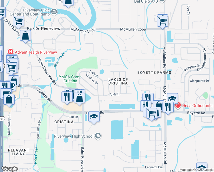 map of restaurants, bars, coffee shops, grocery stores, and more near 9809 La Rita Place in Riverview