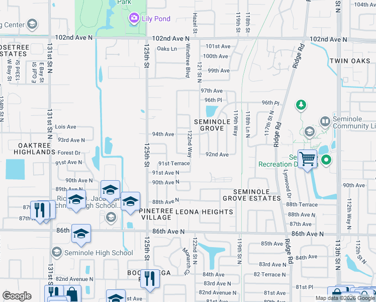 map of restaurants, bars, coffee shops, grocery stores, and more near 9214 121 Street North in Seminole