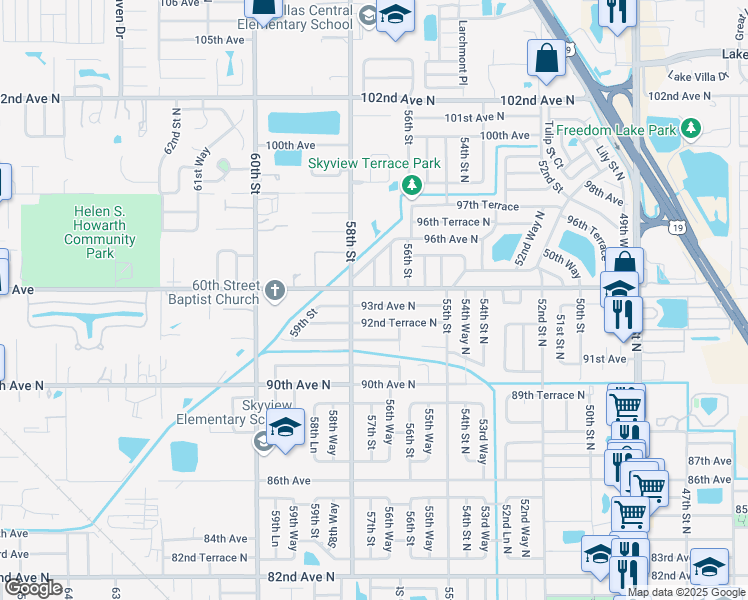 map of restaurants, bars, coffee shops, grocery stores, and more near 5701 93rd Avenue North in Pinellas Park