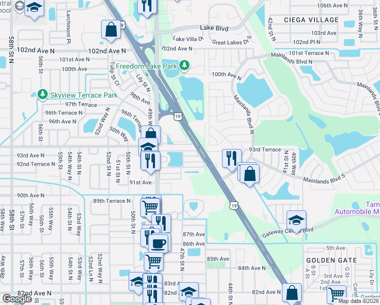 map of restaurants, bars, coffee shops, grocery stores, and more near 9301 49th Street North in Pinellas Park