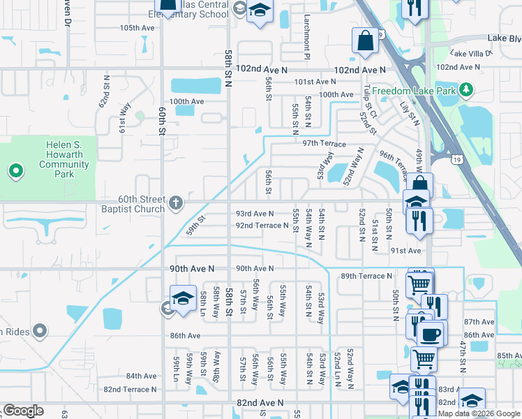 map of restaurants, bars, coffee shops, grocery stores, and more near 5570 93rd Avenue North in Pinellas Park