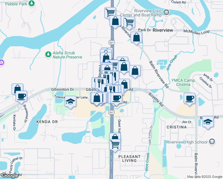 map of restaurants, bars, coffee shops, grocery stores, and more near U.S. 301 & Boyette Rd in Riverview