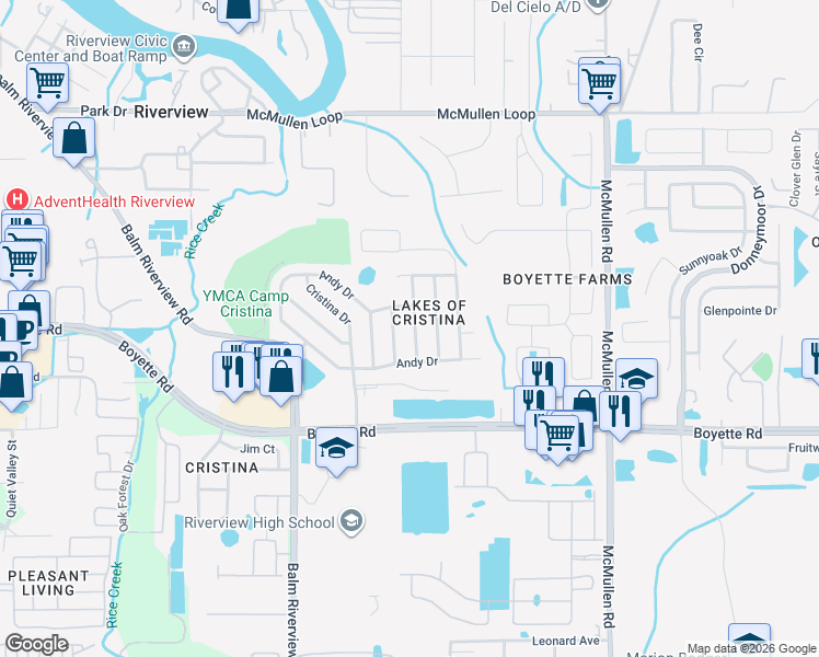 map of restaurants, bars, coffee shops, grocery stores, and more near 9824 La Vonda Street in Riverview