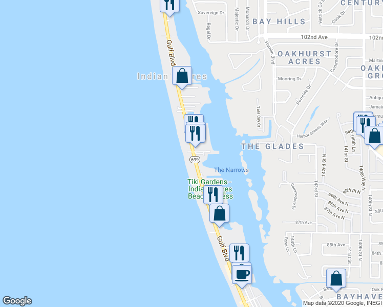 map of restaurants, bars, coffee shops, grocery stores, and more near 19648 Gulf Boulevard in Indian Shores