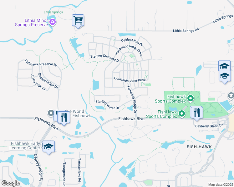 map of restaurants, bars, coffee shops, grocery stores, and more near 15603 Starling Water Drive in Lithia
