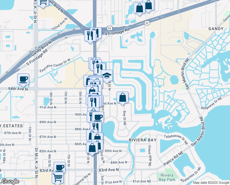 map of restaurants, bars, coffee shops, grocery stores, and more near 9255 2nd Street North in St. Petersburg