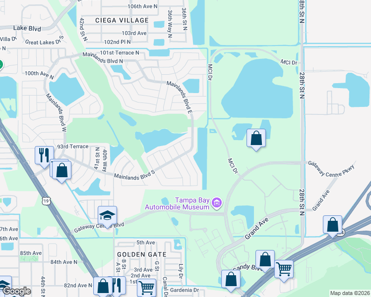 map of restaurants, bars, coffee shops, grocery stores, and more near 9190 34th Way North in Pinellas Park