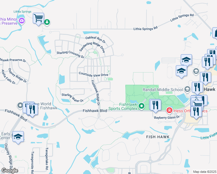 map of restaurants, bars, coffee shops, grocery stores, and more near 15818 Starling Water Drive in Lithia