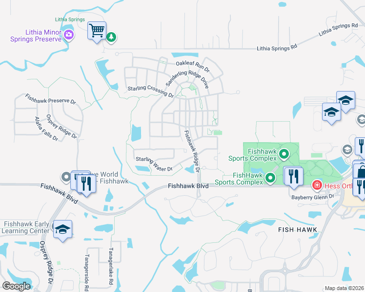 map of restaurants, bars, coffee shops, grocery stores, and more near 15511 Starling Water Drive in Lithia