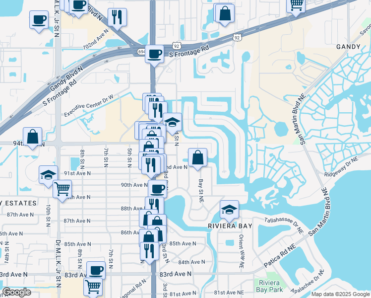 map of restaurants, bars, coffee shops, grocery stores, and more near 9255 2nd Street North in St. Petersburg