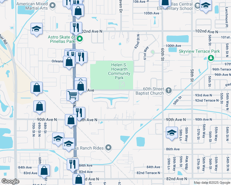map of restaurants, bars, coffee shops, grocery stores, and more near 6350 93rd Terrace in Pinellas Park