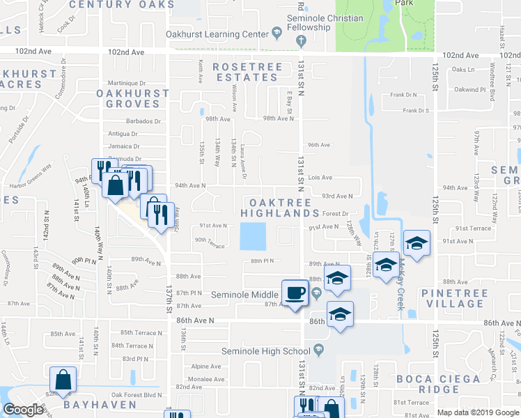 map of restaurants, bars, coffee shops, grocery stores, and more near 9200 133rd Street in Seminole
