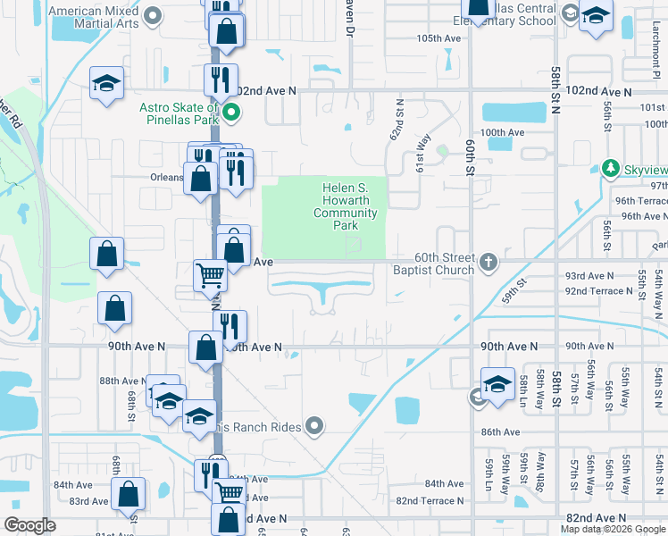 map of restaurants, bars, coffee shops, grocery stores, and more near 6350 93rd Terrace in Pinellas Park