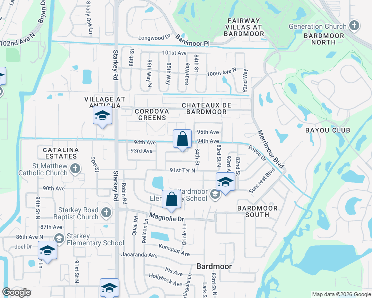 map of restaurants, bars, coffee shops, grocery stores, and more near 8481 93rd Avenue in Seminole
