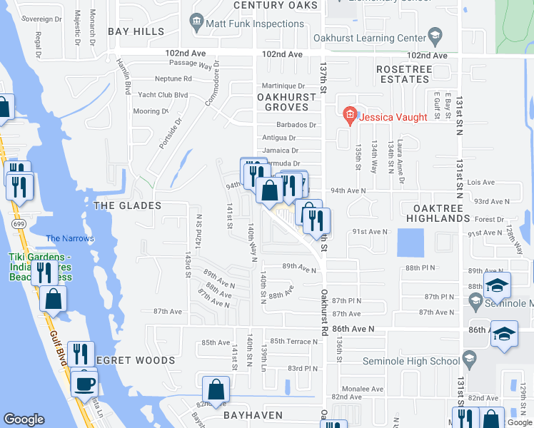 map of restaurants, bars, coffee shops, grocery stores, and more near 9142 Oakwood Lane in Seminole
