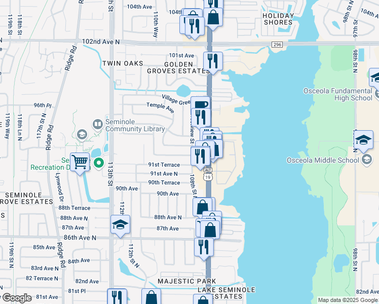 map of restaurants, bars, coffee shops, grocery stores, and more near 10821 Freedom Boulevard in Seminole